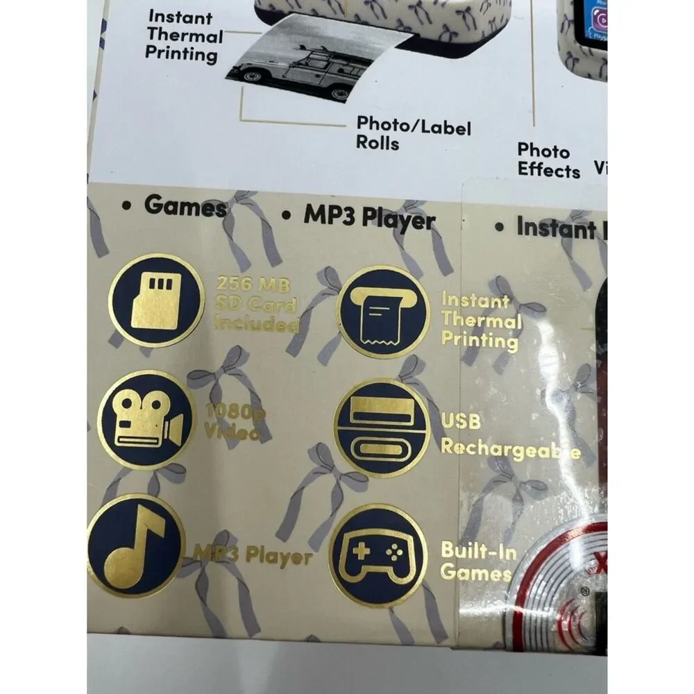 NIB XO Poppy White Digital insta-print Camera with Blue ribbon Accents